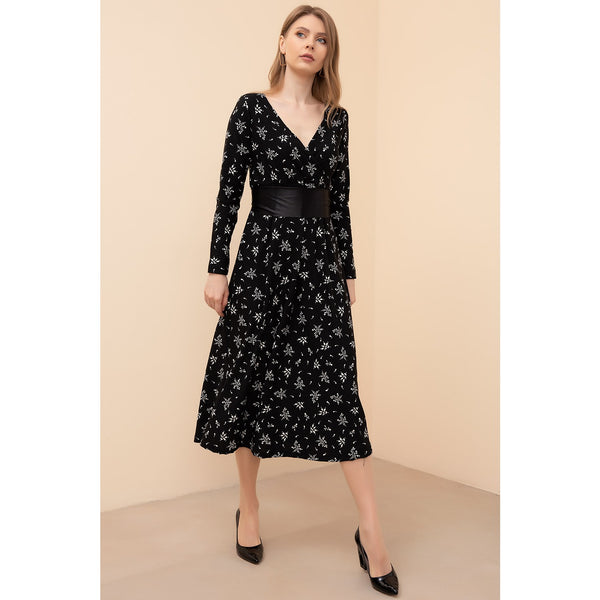 Floral Black Double Breasted Collar Dress | Montivo Pakistan