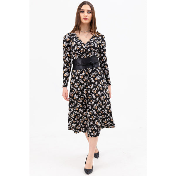 Floral Black Double Breasted Collar Dress | Montivo Pakistan