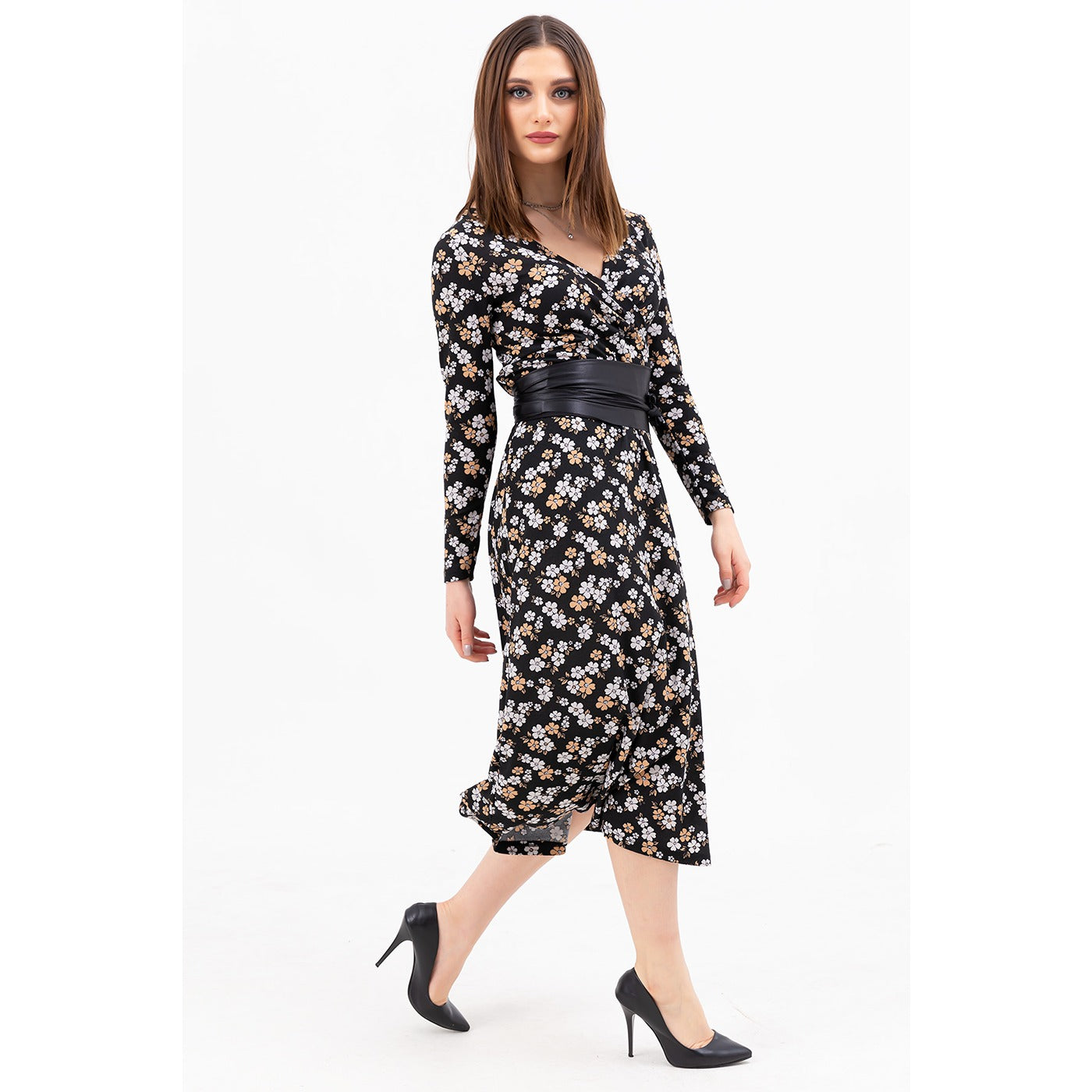 Floral Black Double Breasted Collar Dress | Montivo Pakistan
