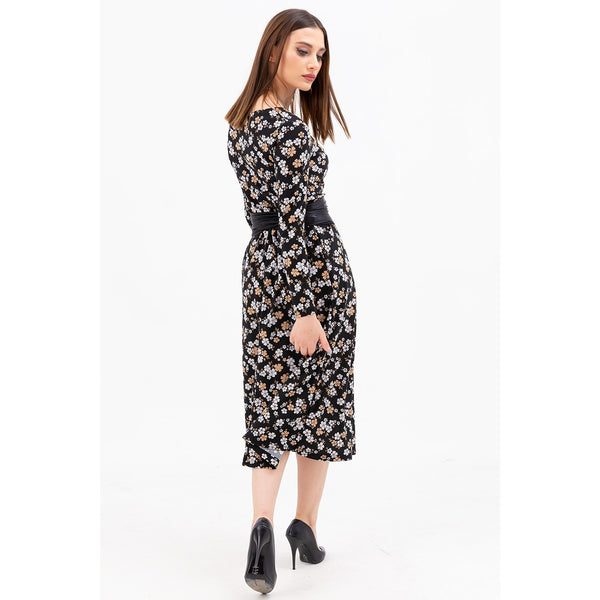 Floral Black Double Breasted Collar Dress | Montivo Pakistan