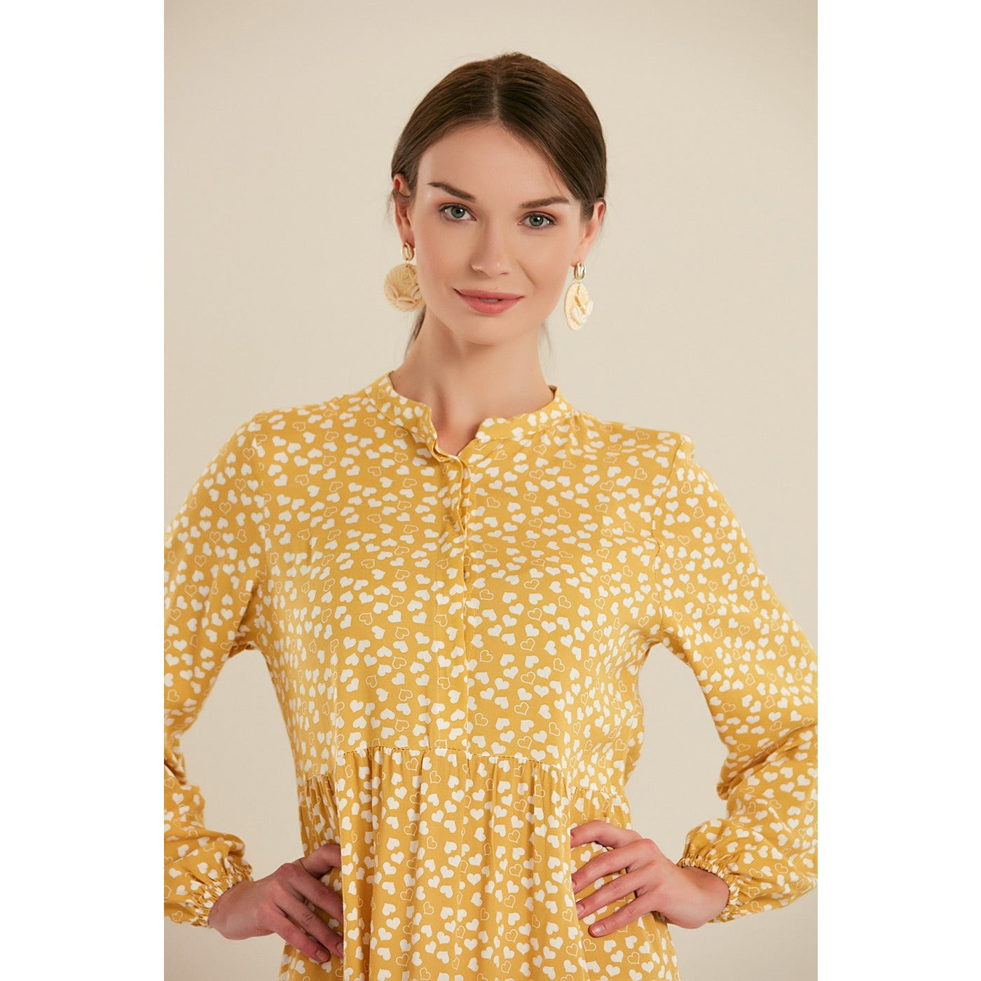 Mustard Heart Patterned Long Dress | Montivo Pakistan