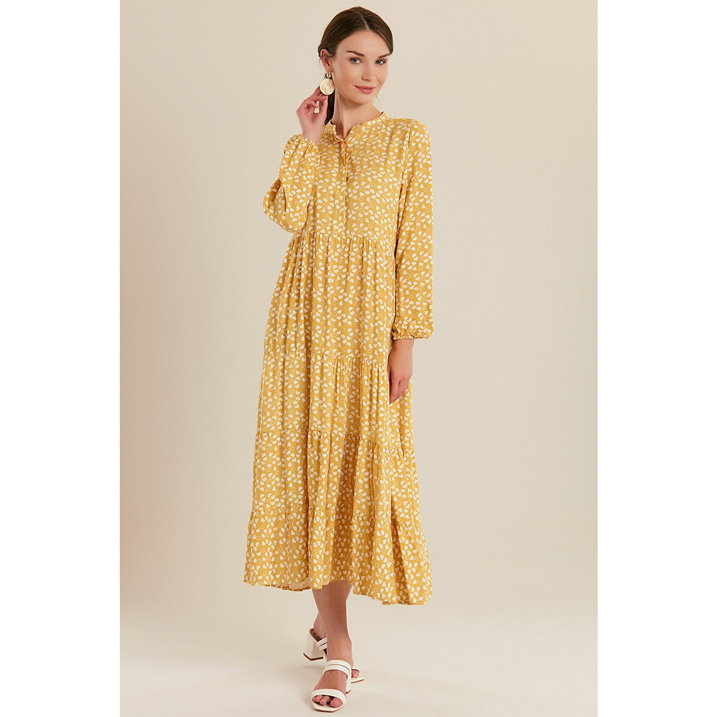 Mustard Heart Patterned Long Dress | Montivo Pakistan
