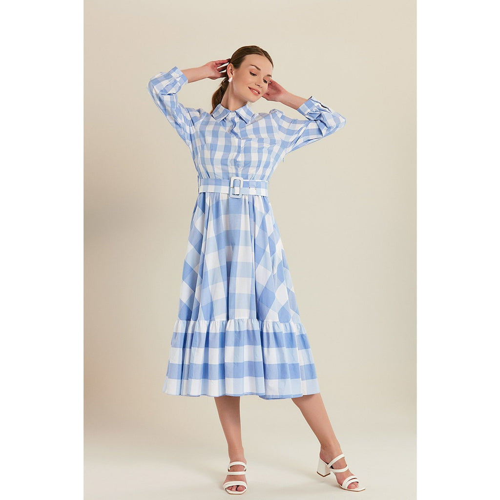 Blue Plaid Belted Long Dress Montivo