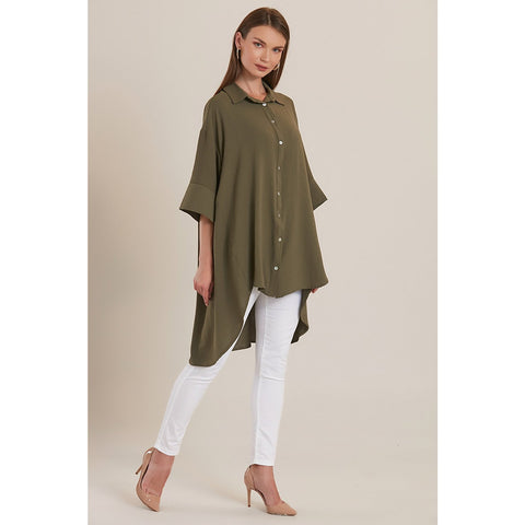 Olive Midi Sleeve Classic Shirt Tunic | Montivo Pakistan