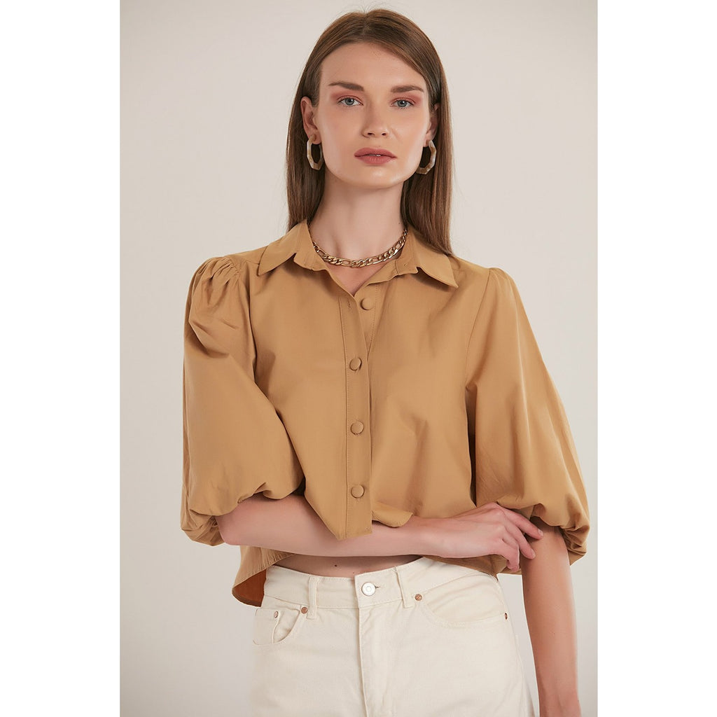 Beige Elastic Sleeve Short Shirt | Montivo Pakistan