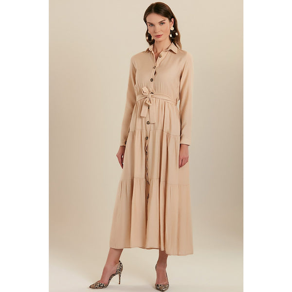 Beige Shirt Collar Buttoned Long Dress | Montivo Pakistan