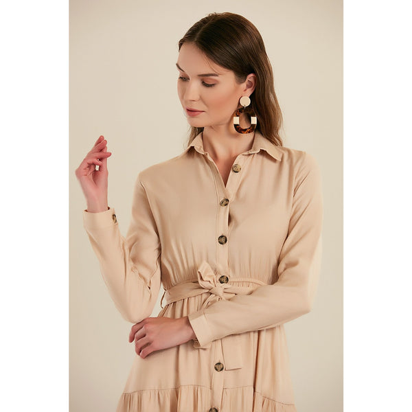 Beige Shirt Collar Buttoned Long Dress | Montivo Pakistan