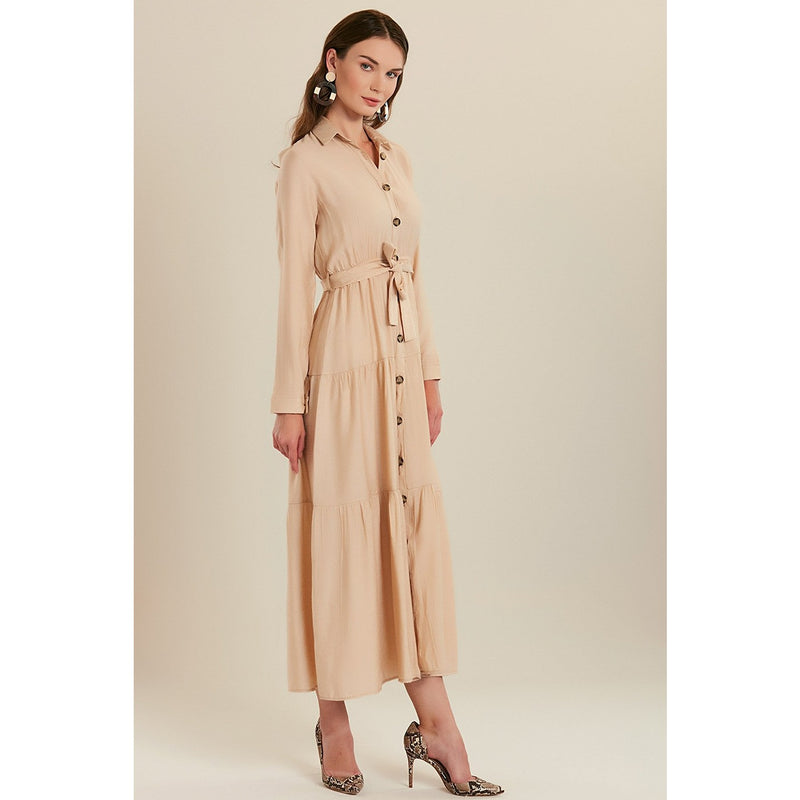 Beige Shirt Collar Buttoned Long Dress | Montivo Pakistan