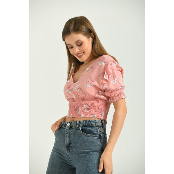 Peach Floral Balloon Sleeves Top | Montivo Pakistan