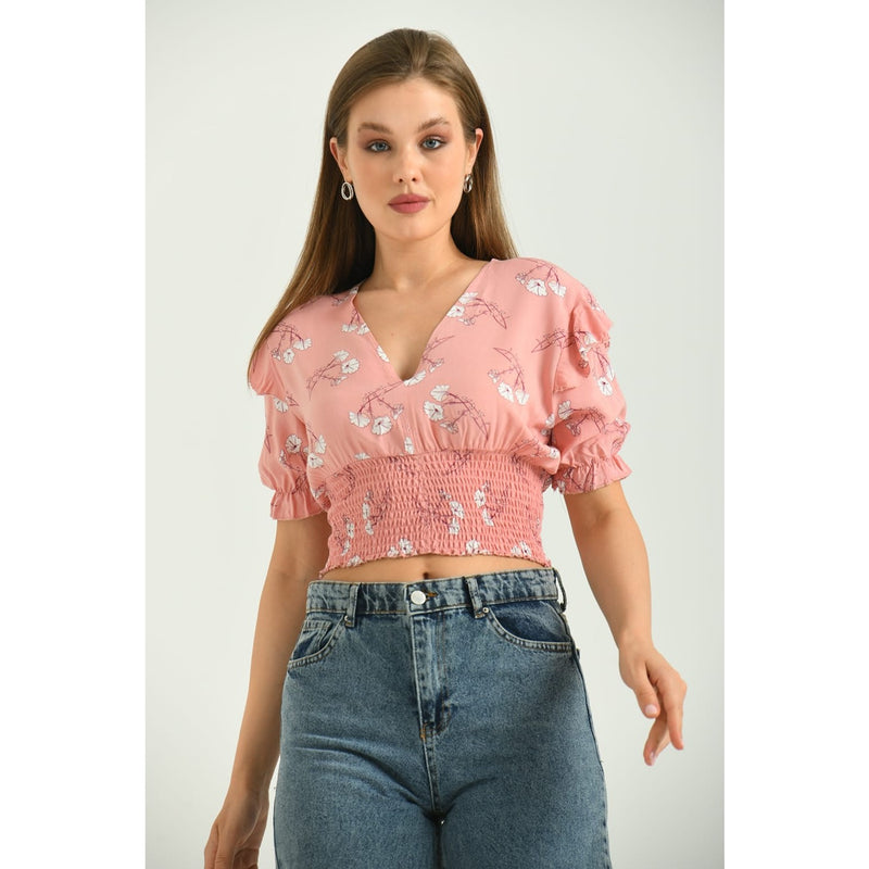 Peach Floral Balloon Sleeves Top | Montivo Pakistan