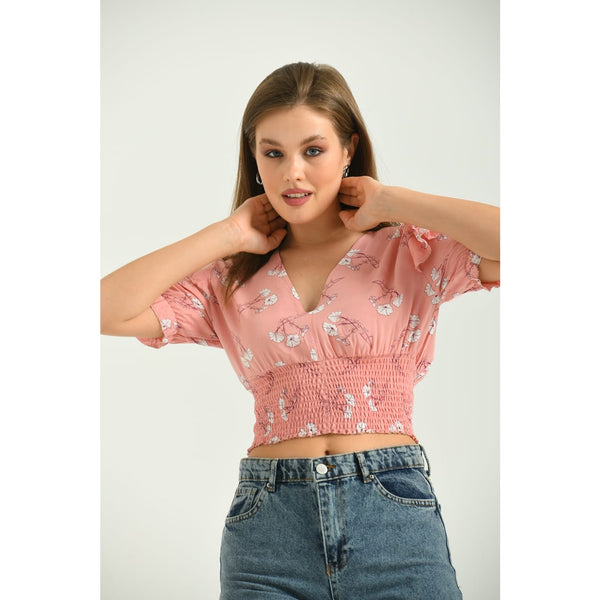 Peach Floral Balloon Sleeves Top | Montivo Pakistan