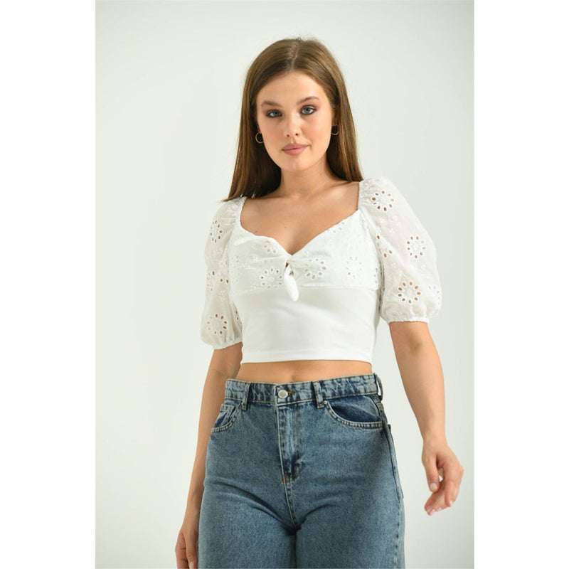 White Detailed Crop Knitted Blouse | Montivo Pakistan