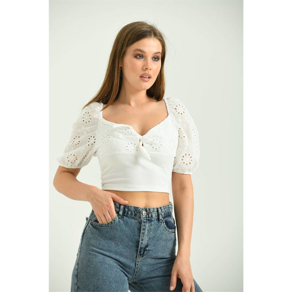 White Detailed Crop Knitted Blouse | Montivo Pakistan