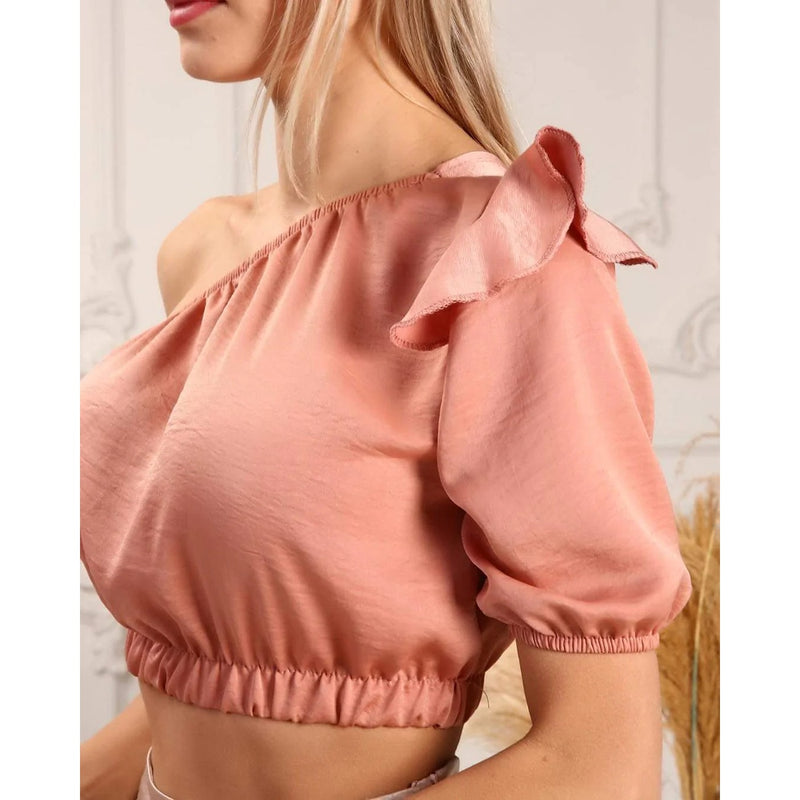 Peach One Shoulder Puff Sleeves Top | Montivo Pakistan