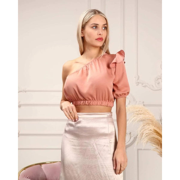 Peach One Shoulder Puff Sleeves Top | Montivo Pakistan
