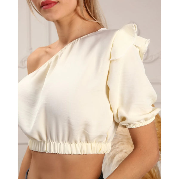 Cream One Shoulder Puff Sleeves Top | Montivo Pakistan