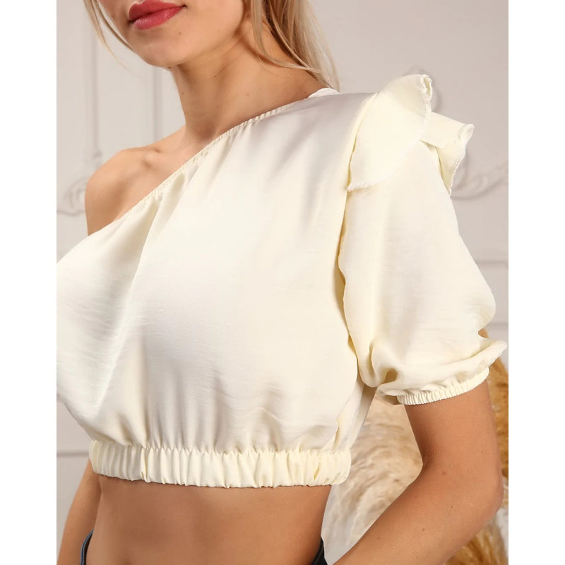 Cream One Shoulder Puff Sleeves Top | Montivo Pakistan