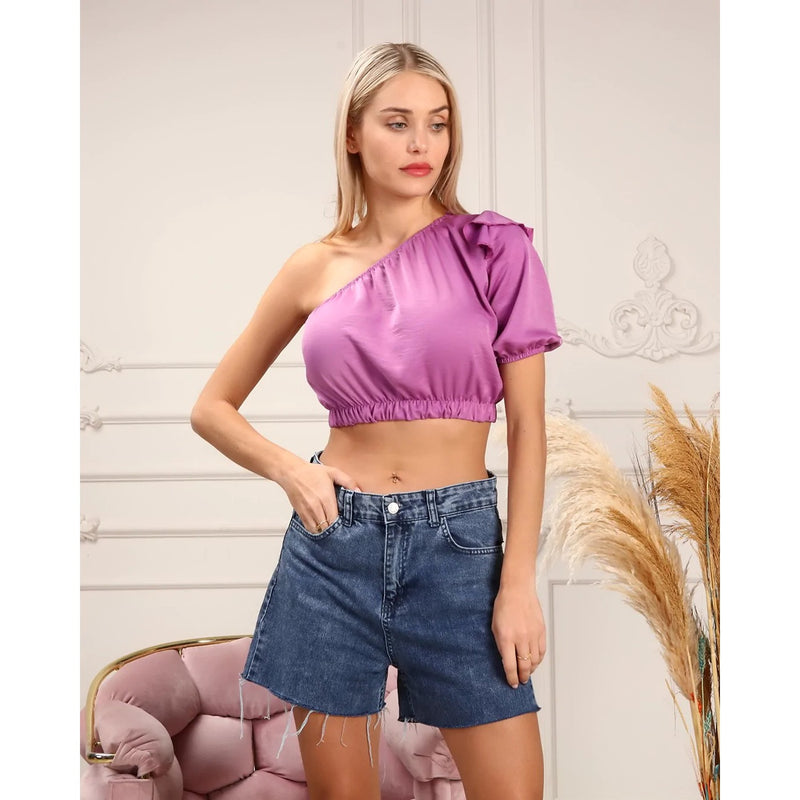 Purple One Shoulder Puff Sleeves Top | Montivo Pakistan