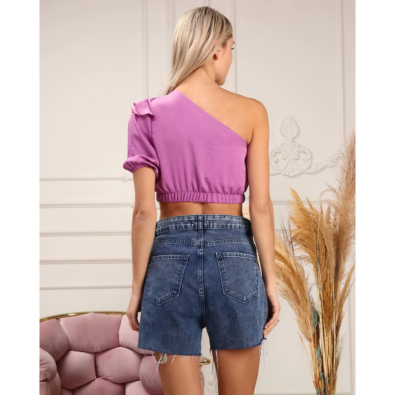 Purple One Shoulder Puff Sleeves Top | Montivo Pakistan