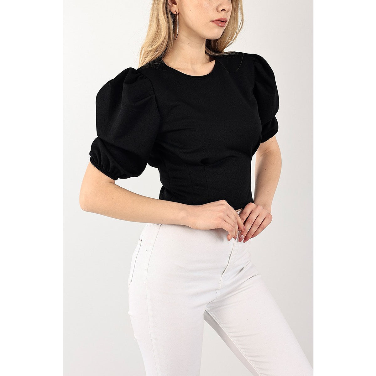Black Balloon Sleeve Pleated Blouse | Montivo Pakistan