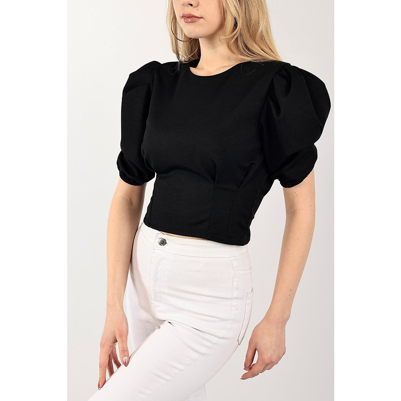 Black Balloon Sleeve Pleated Blouse | Montivo Pakistan