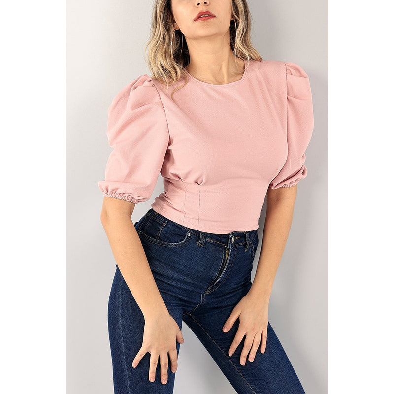 Peach Balloon Sleeve Pleated Blouse | Montivo Pakistan