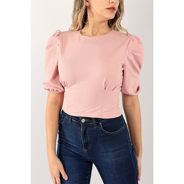 Peach Balloon Sleeve Pleated Blouse | Montivo Pakistan