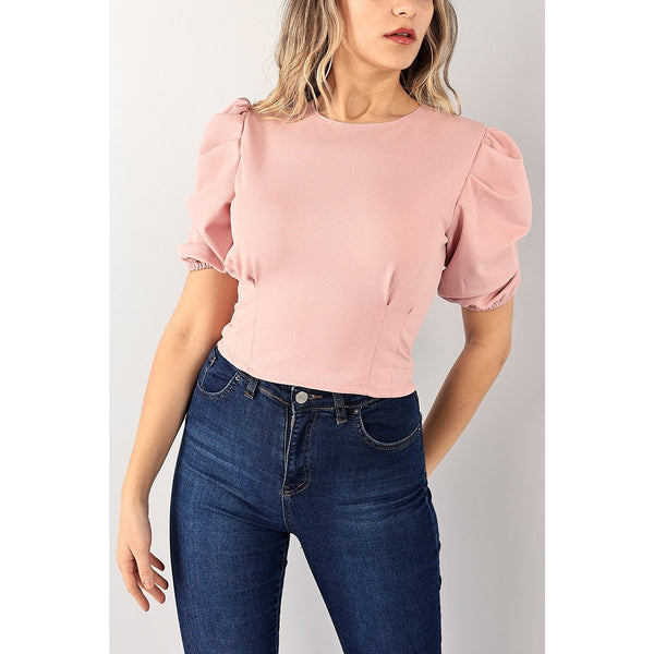 Peach Balloon Sleeve Pleated Blouse | Montivo Pakistan
