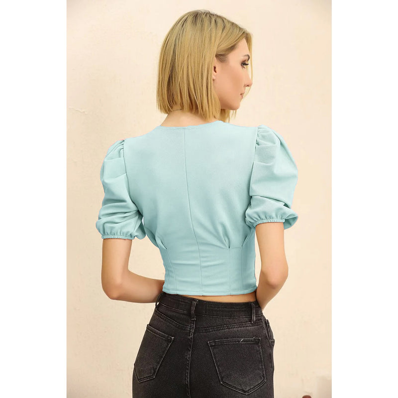 Mint Balloon Sleeve Pleated Blouse | Montivo Pakistan