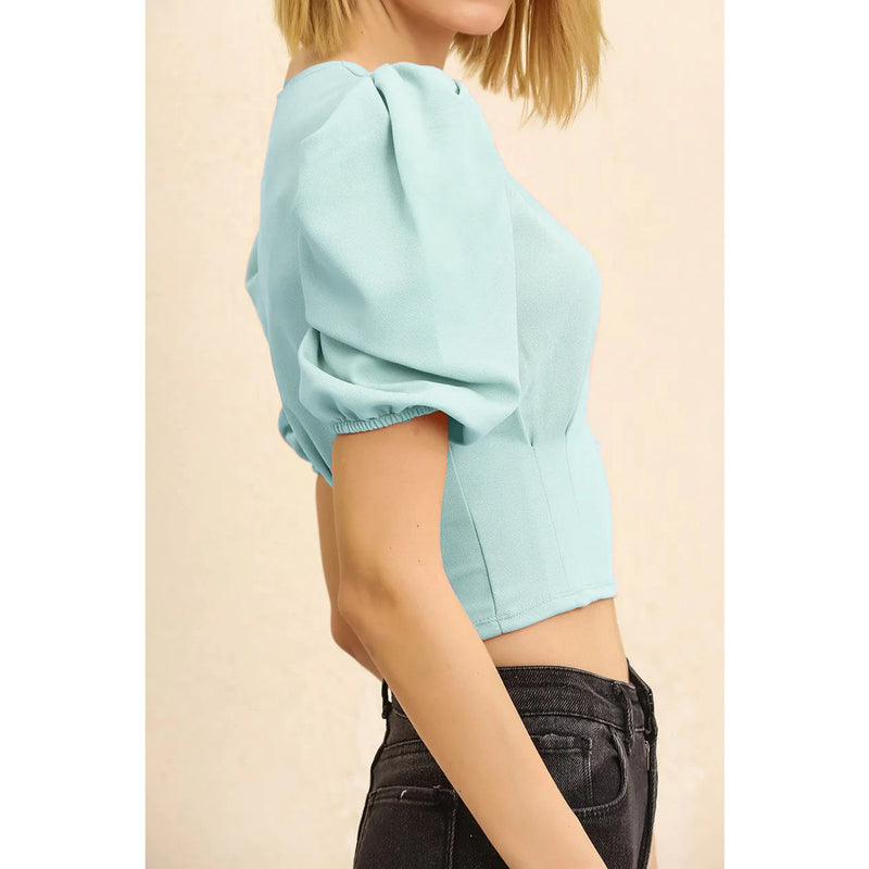 Mint Balloon Sleeve Pleated Blouse | Montivo Pakistan
