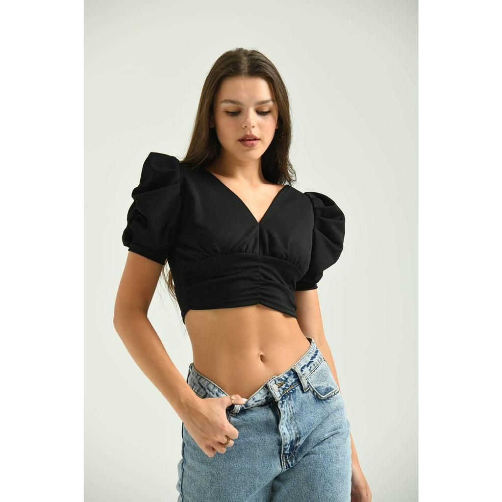 Black crop top online puff sleeves