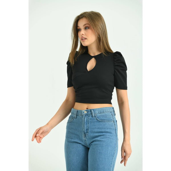 Black Keyhole Cut Puff Sleeves Top | Montivo Pakistan