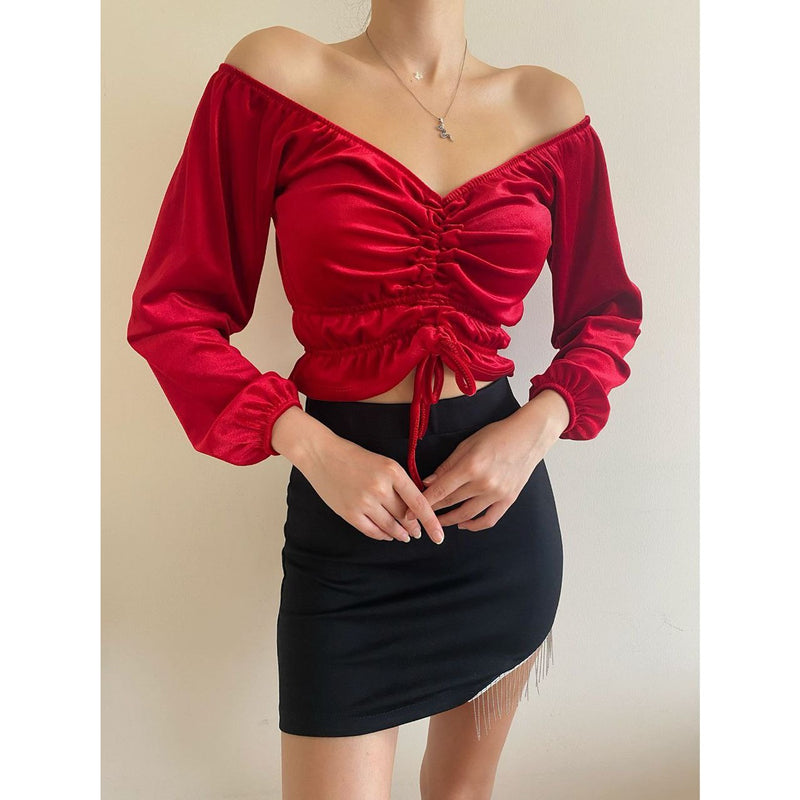 Red Pleated Velvet Blouse | Montivo Pakistan