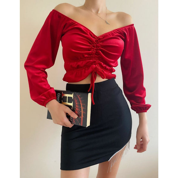 Red Pleated Velvet Blouse | Montivo Pakistan