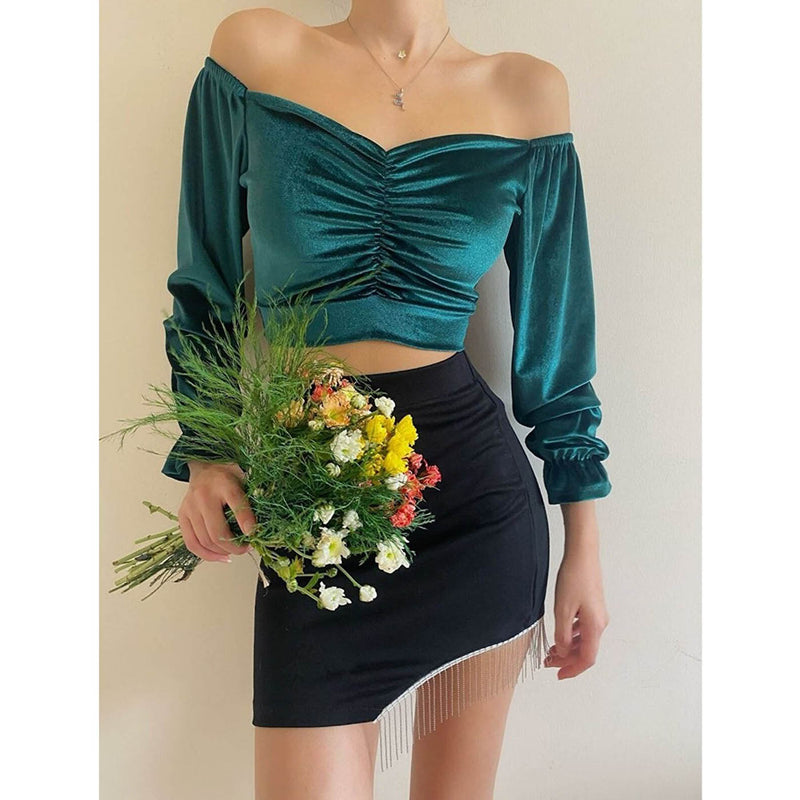 Green Pleated Velvet Blouse | Montivo Pakistan
