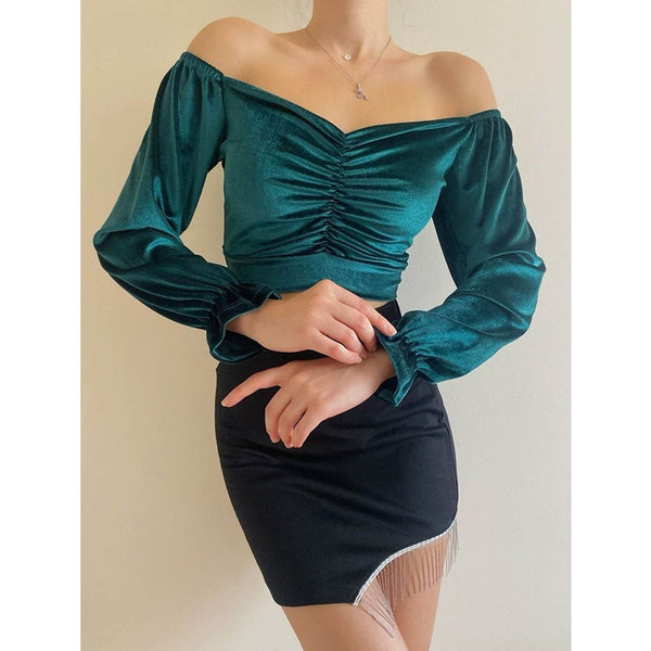 Green Pleated Velvet Blouse | Montivo Pakistan