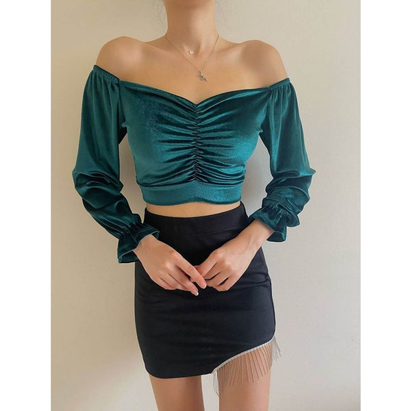Green Pleated Velvet Blouse | Montivo Pakistan