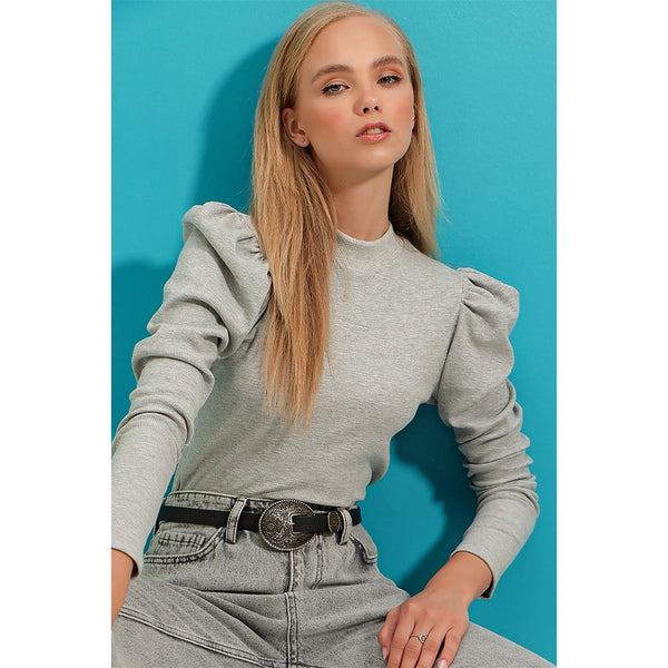 Grey Puff Shoulder Turtleneck Top | Montivo Pakistan
