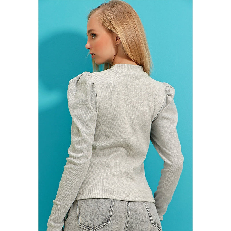 Grey Puff Shoulder Turtleneck Top | Montivo Pakistan