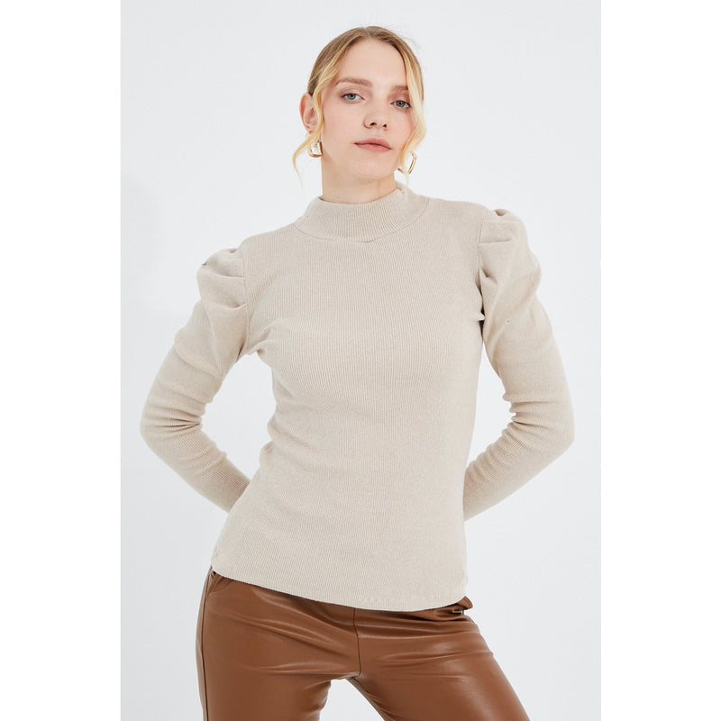 Beige Puff Shoulder Turtleneck Top | Montivo Pakistan