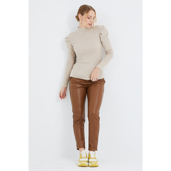 Beige Puff Shoulder Turtleneck Top | Montivo Pakistan
