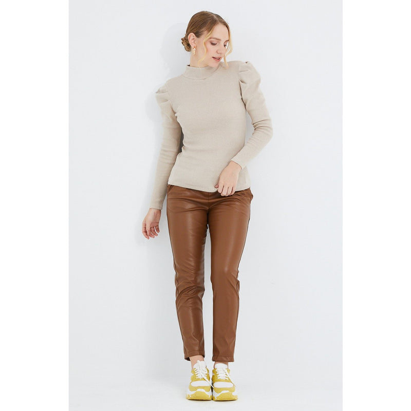 Beige Puff Shoulder Turtleneck Top | Montivo Pakistan