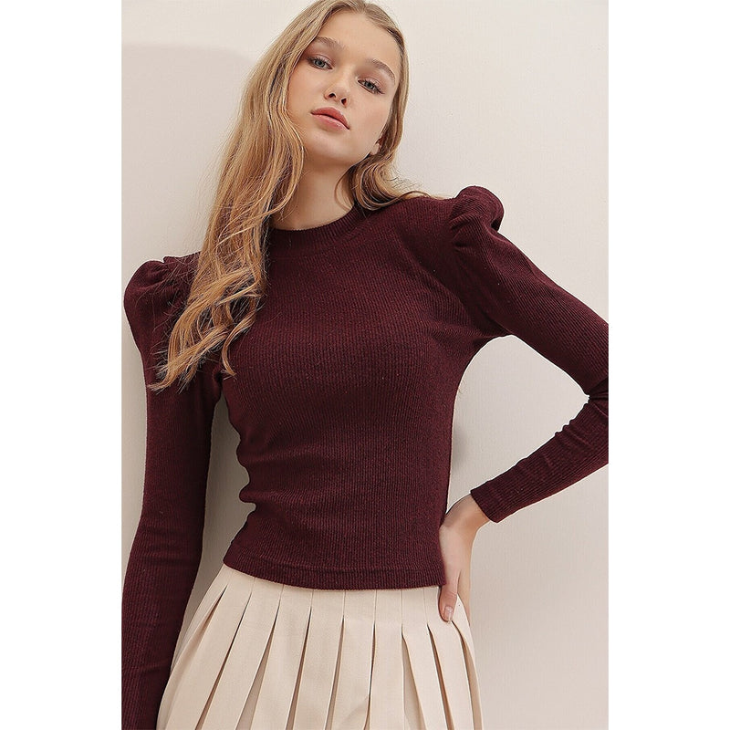Maroon Puff Shoulder Turtleneck Top | Montivo Pakistan