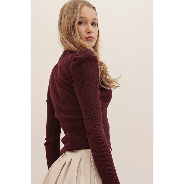 Maroon Puff Shoulder Turtleneck Top | Montivo Pakistan