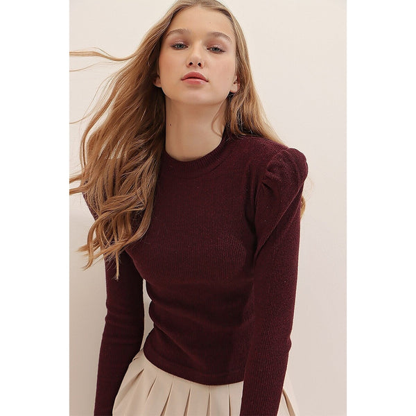 Maroon Puff Shoulder Turtleneck Top | Montivo Pakistan