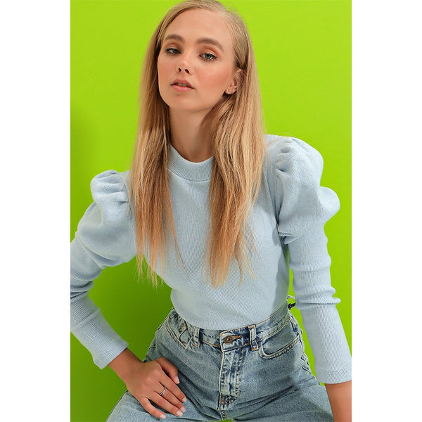 Light Blue Puff Shoulder Turtleneck Top | Montivo Pakistan