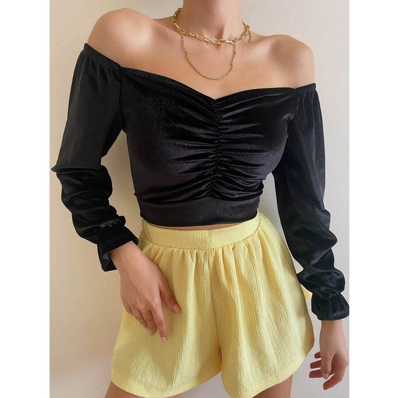 Black Pleated Velvet Blouse | Montivo Pakistan