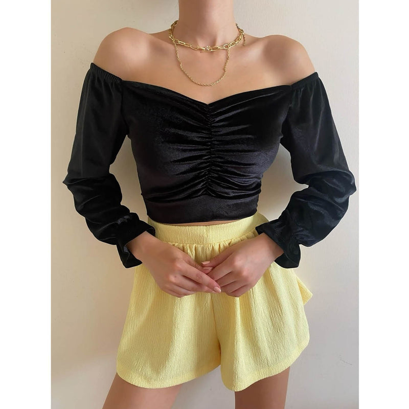 Black Pleated Velvet Blouse | Montivo Pakistan