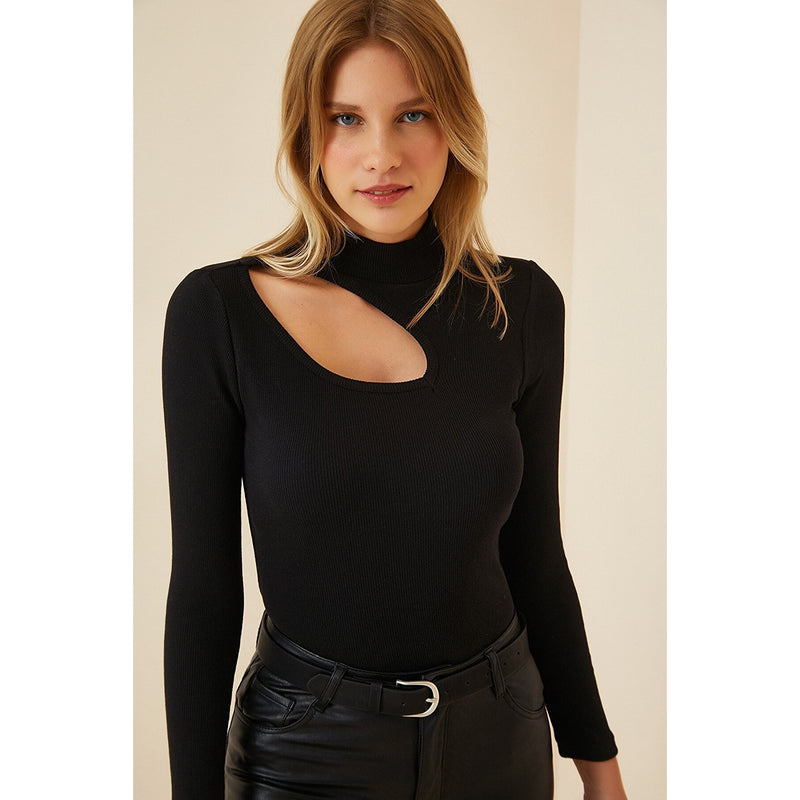 Black Cut Out Detailed Ribbed Knitted Blouse | Montivo Pakistan