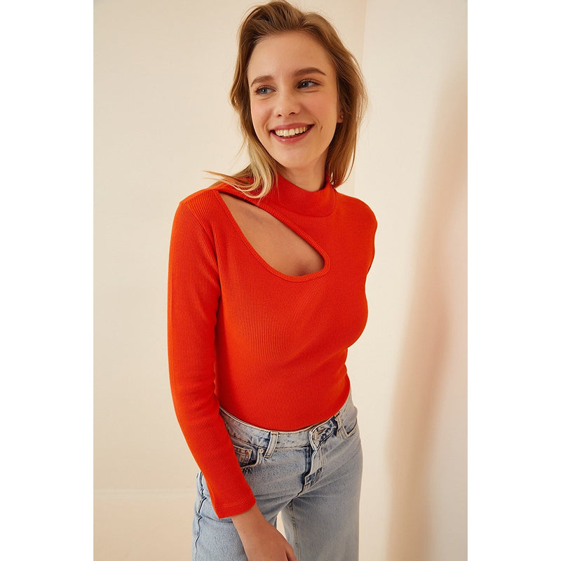 Orange Cut Out Detailed Ribbed Knitted Blouse | Montivo Pakistan